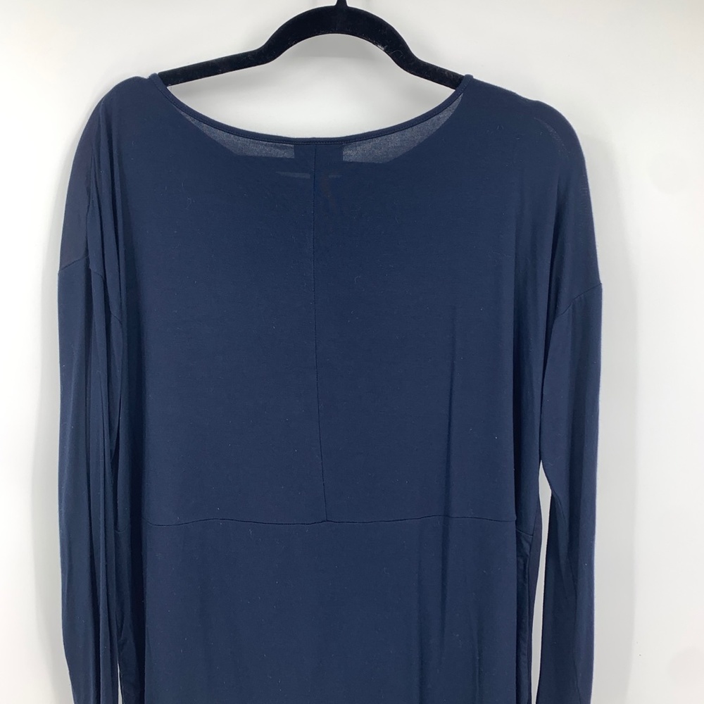 J Jill medium blouse pullover woven front knit back blue long sleeve stretch - Picture 7 of 9